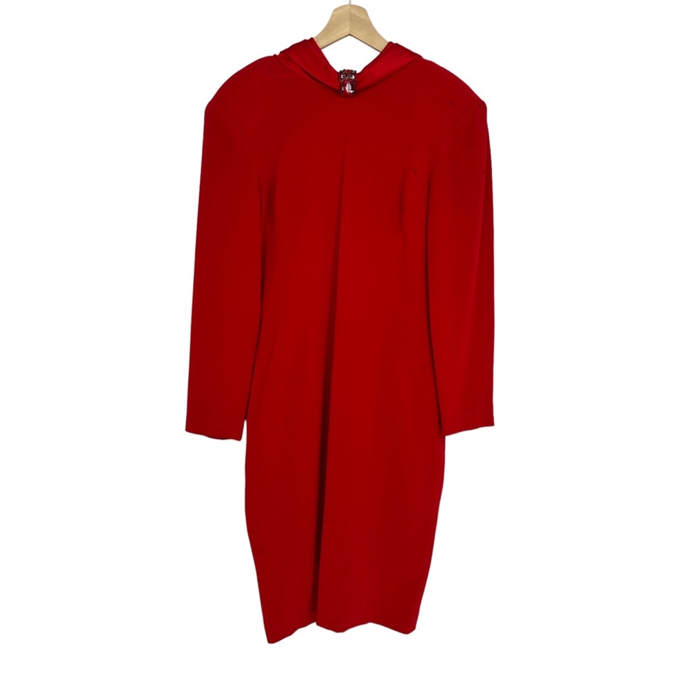 D’Ore Vintage Deep Red Cowl Neck Jewel Embellished Crepe Midi Cocktail Dress